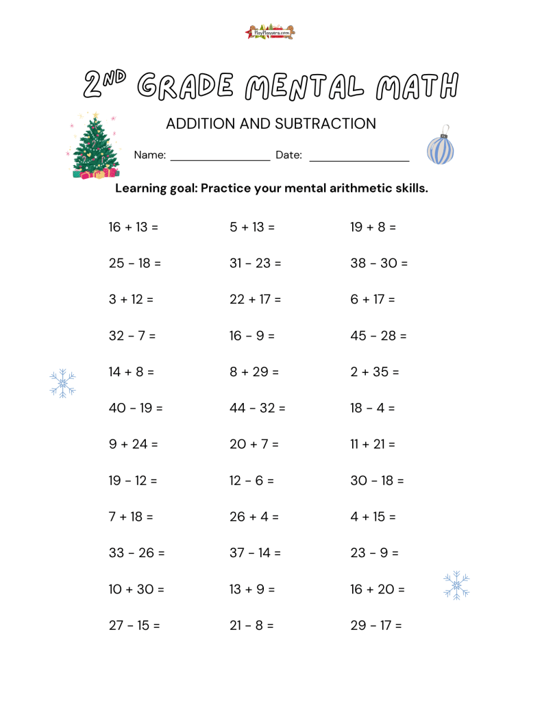 Free 2nd grade math worksheet for Christmas with mental arithmetic questions, name and date lines, and a Christmas tree.