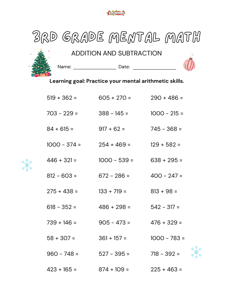 Printable 3rd grade Christmas math worksheet featuring three-digit calculations and festive reindeer and gingerbread graphics.