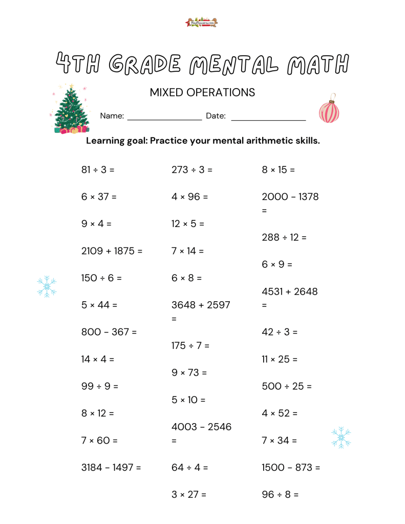 Fourth grade Christmas math worksheet featuring 36 mixed-operation problems with festive gift and holiday graphics.