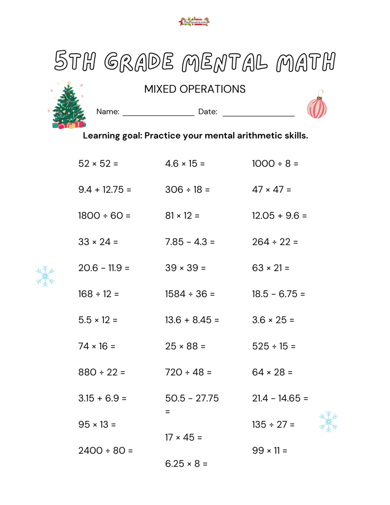 Christmas-themed 5th grade mental math worksheet with mixed multiplication, division, and decimal problems.