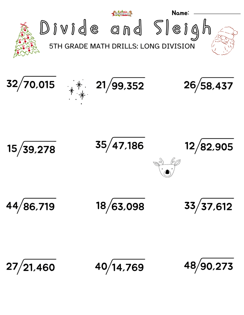 Christmas-themed long division worksheet for fifth graders practicing division with larger numbers and festive holiday decorations.