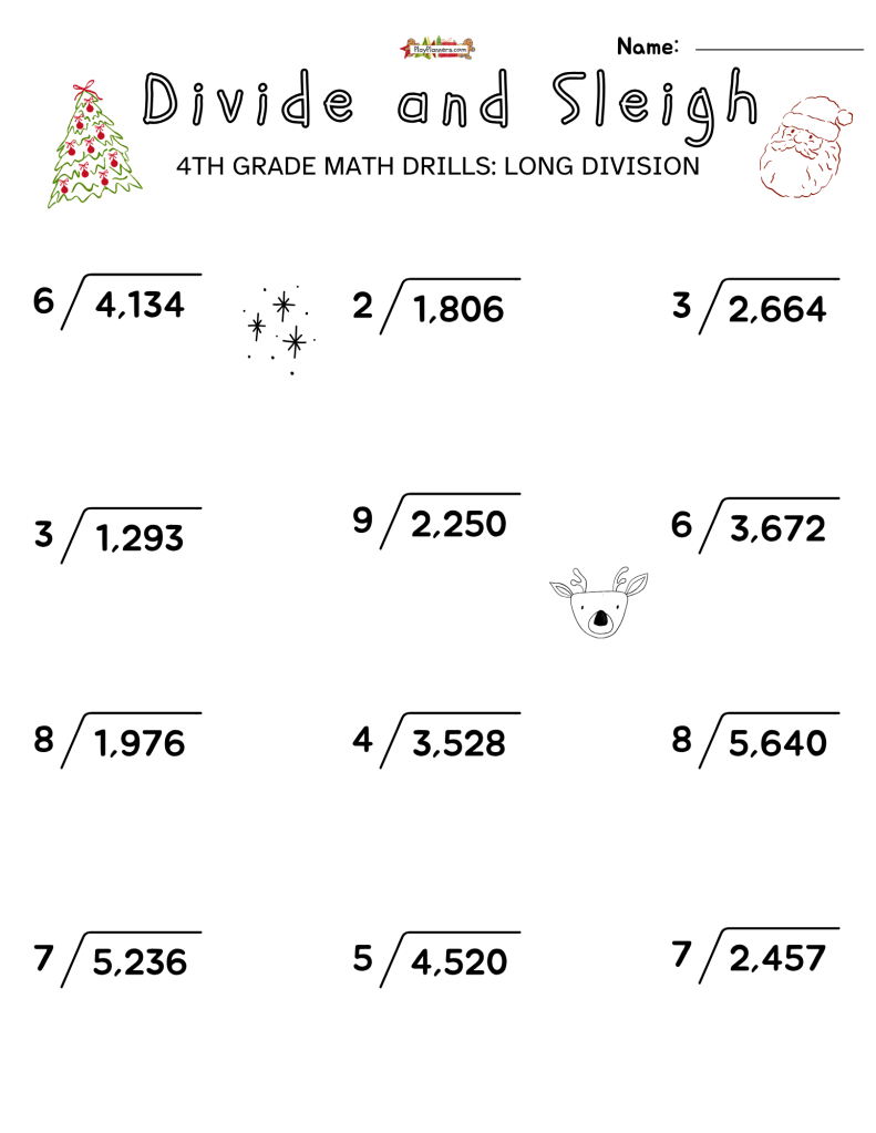 Divide and Sleigh 4th Grade free printable long division worksheets with Christmas graphics and one-digit divisors.