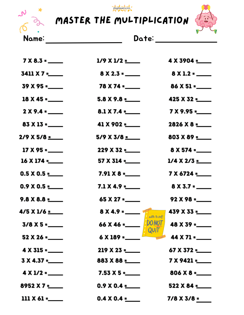 Printable 5th grade math worksheet with 60 unique multiplication problems for classroom or homeschool practice