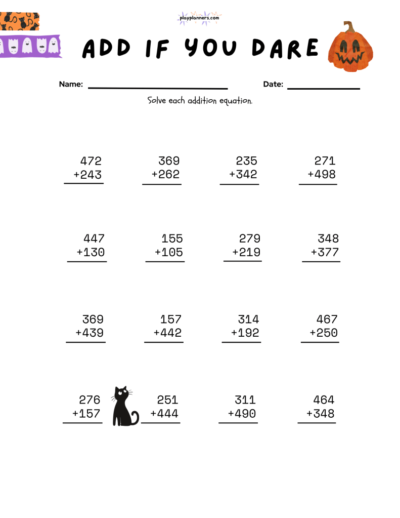 Halloween-themed stacked addition worksheet with varied numbers for third grade math practice.