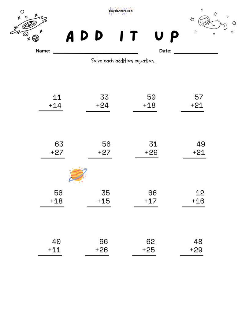 Two-digit vertical addition practice worksheet for second graders with a fun outer space theme.