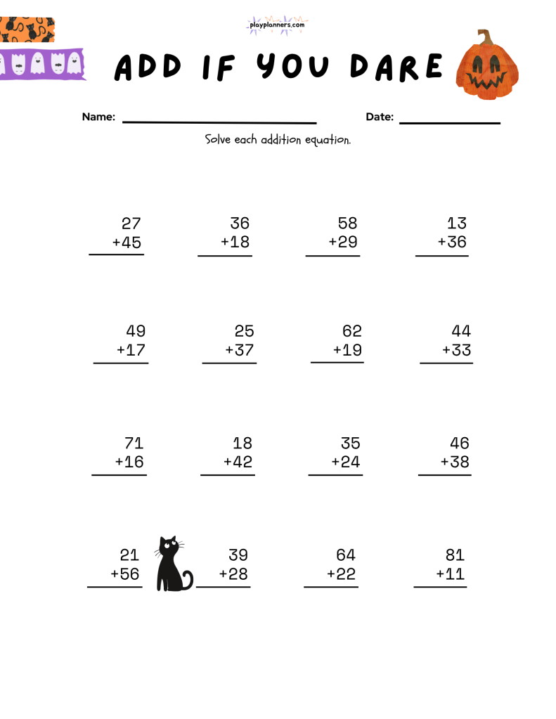 Second grade addition worksheet with Halloween graphics, designed for printable math practice.