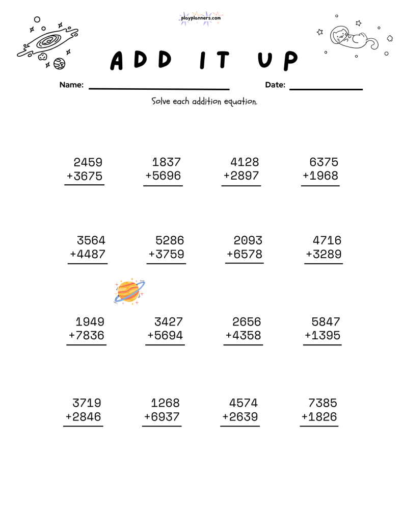 Fourth grade addition practice worksheet with stacked equations and small space-themed decorations.
