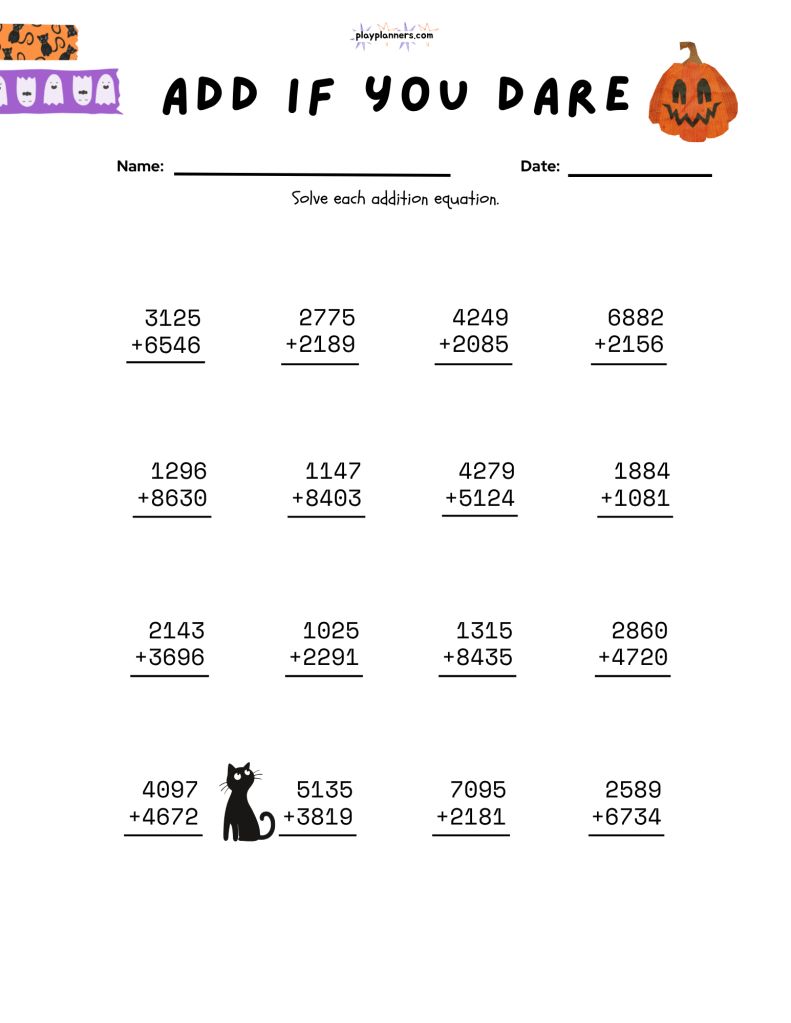 Fourth grade Halloween math worksheet with stacked addition problems, pumpkins, candy, bats, and costumed dogs.