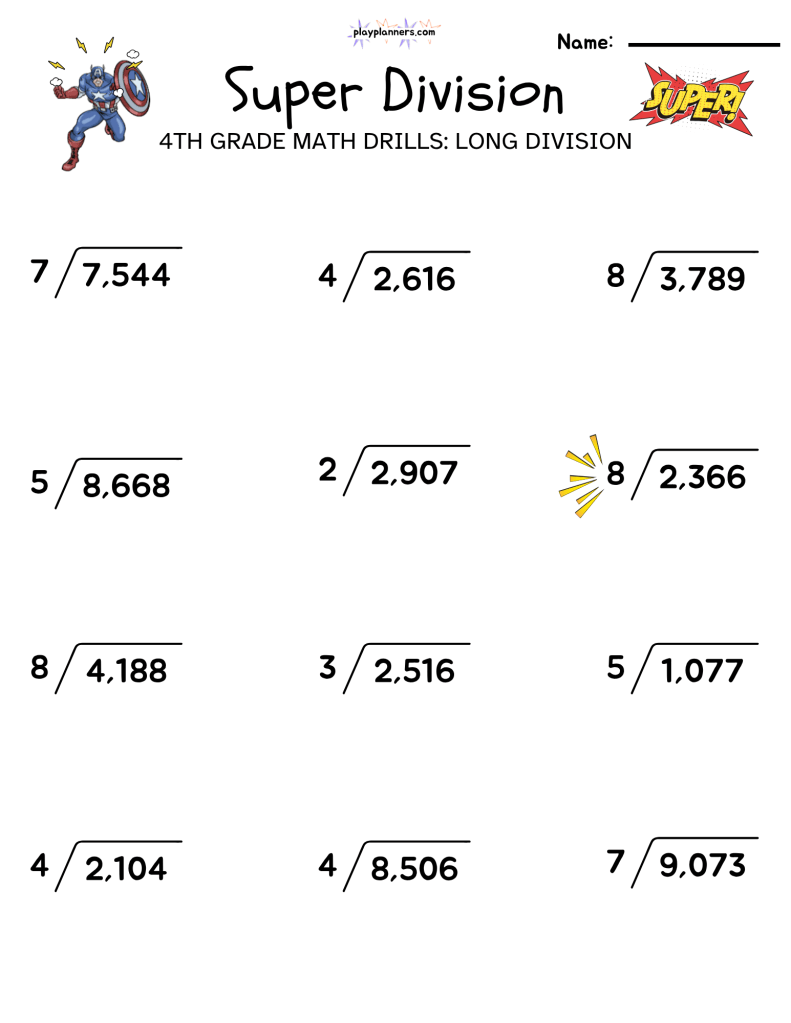 Free printable Super Division worksheet for grade 4 with 12 problems practicing long division with larger numbers.