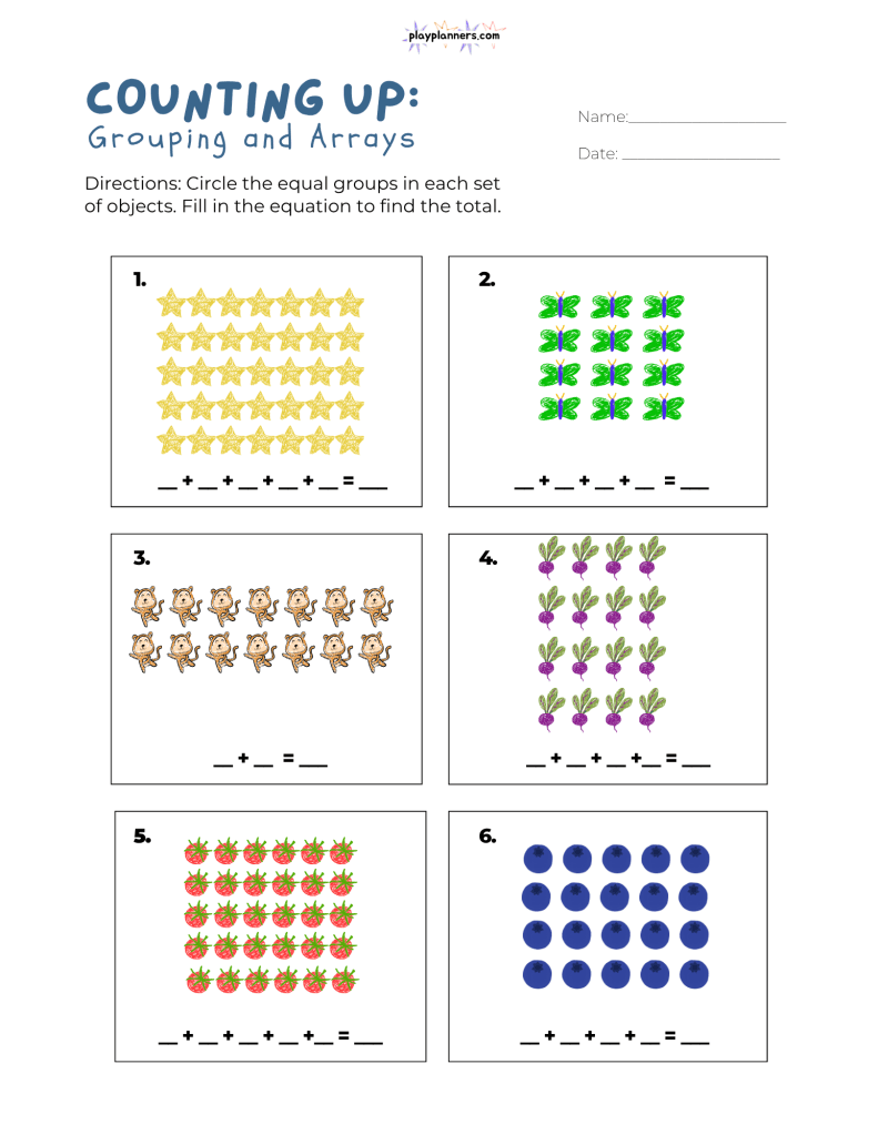 Outdoor-themed 3rd grade arrays worksheet featuring birds, trees, ice cream, stars, and cats to practice equal groups and repeated addition.