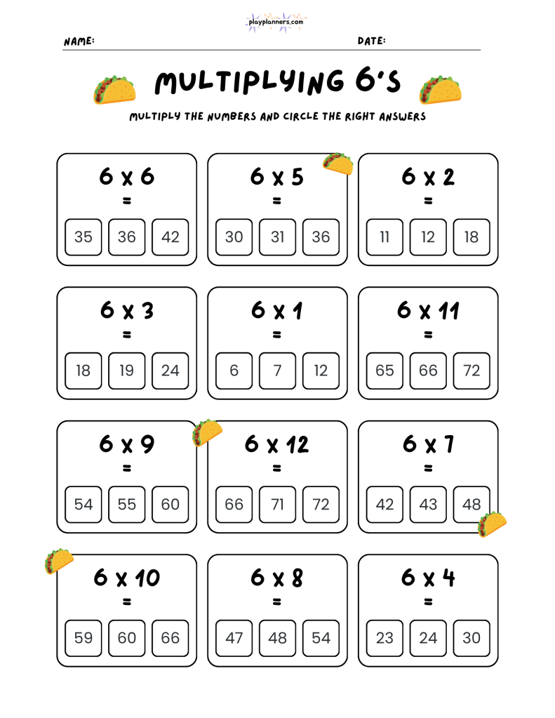 Printable 6 times table worksheet featuring 12 multiplication problems with three answers to choose from.