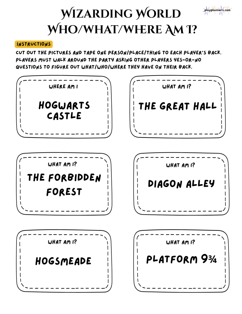 Harry Potter themed Who What Where guessing game tags featuring magical characters and objects for a wizard birthday party.