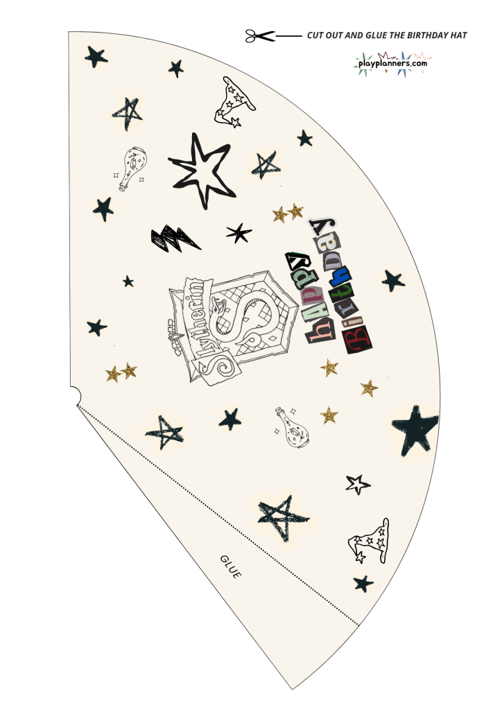 Printable Harry Potter party hat for kids to wear during Hogwarts themed birthday games and activities.