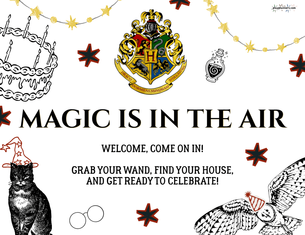 White background Hogwarts inspired birthday welcome sign printable for a Harry Potter kids party, designed to save printer ink.