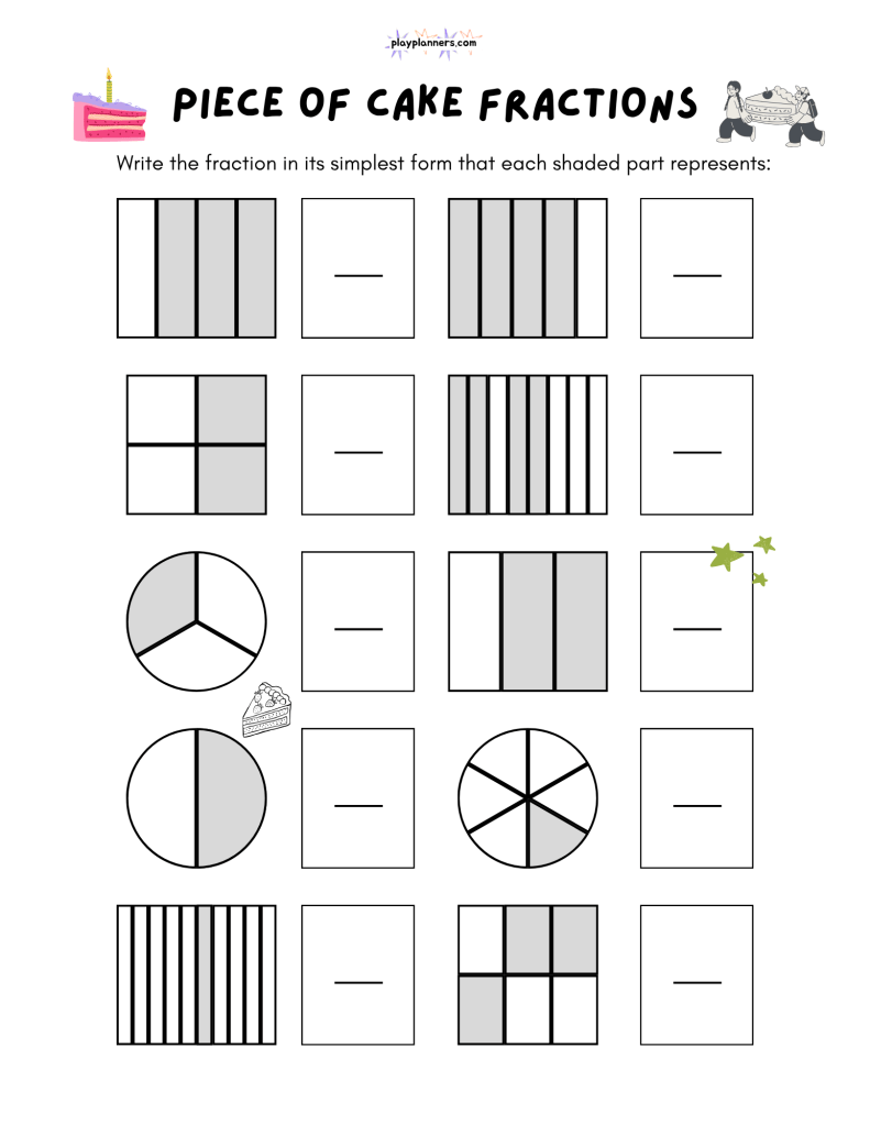 Third grade math printable with shaded fraction shapes, answer boxes, and small cake and star illustrations.