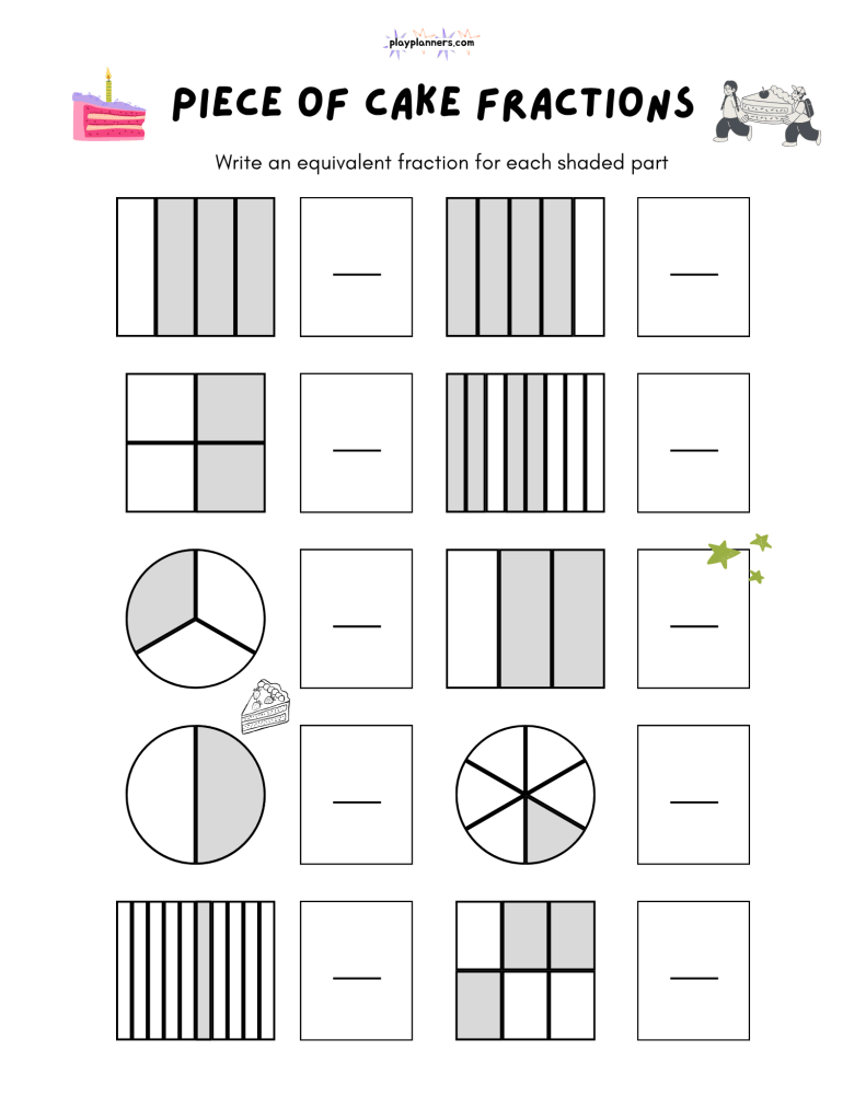 Fourth grade equivalent fraction worksheet with visual fraction models showing shaded parts of a whole.