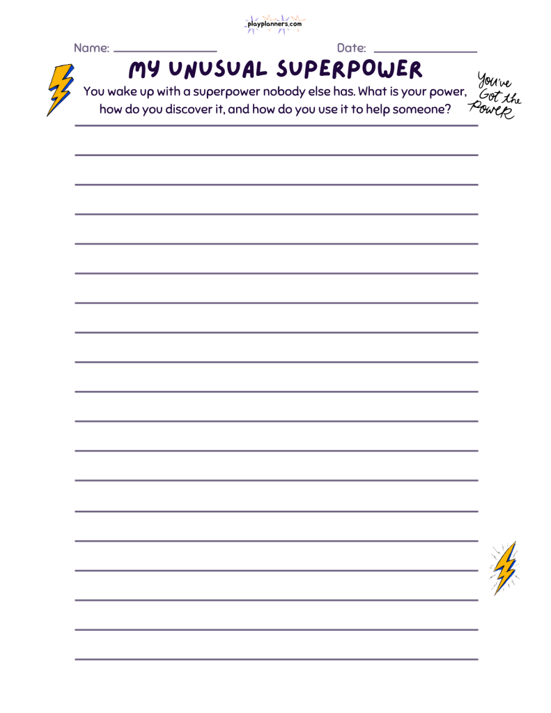 My Unusual Superpower: Fourth grade creative writing worksheet with a superhero-themed graphic and a prompt about discovering a unique superpower, with 18 lines for writing.