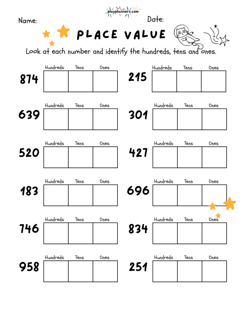 Third grade place value practice sheet featuring hundreds, tens, and ones with a simple, printer-friendly cat-themed design.