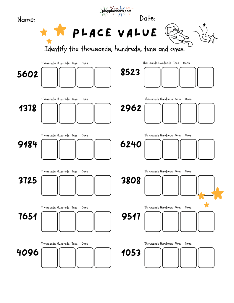 Free place value worksheet for fourth graders featuring four-digit numbers, place-value boxes, and playful hand-drawn doodles.