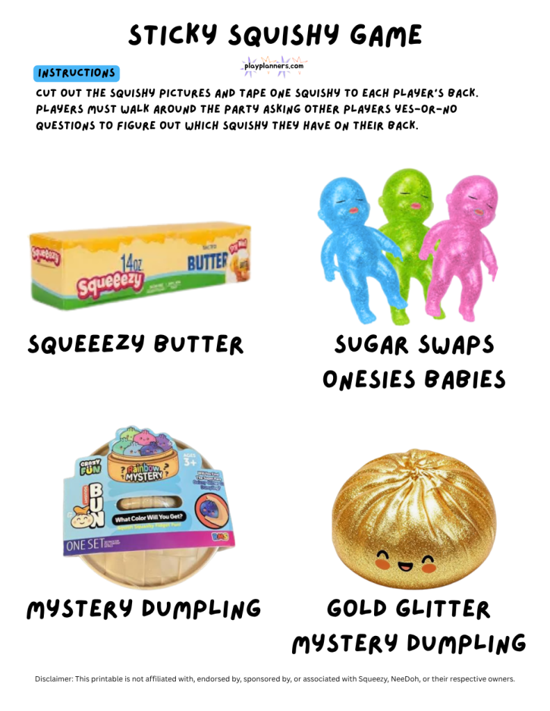 Printable Sticky Squishy on Your Back guessing game for boys' birthday parties, featuring colorful squishy toy illustrations with their names to cut out and tape onto players' backs for a fun game of yes-or-no questions and squishy-themed guessing.
