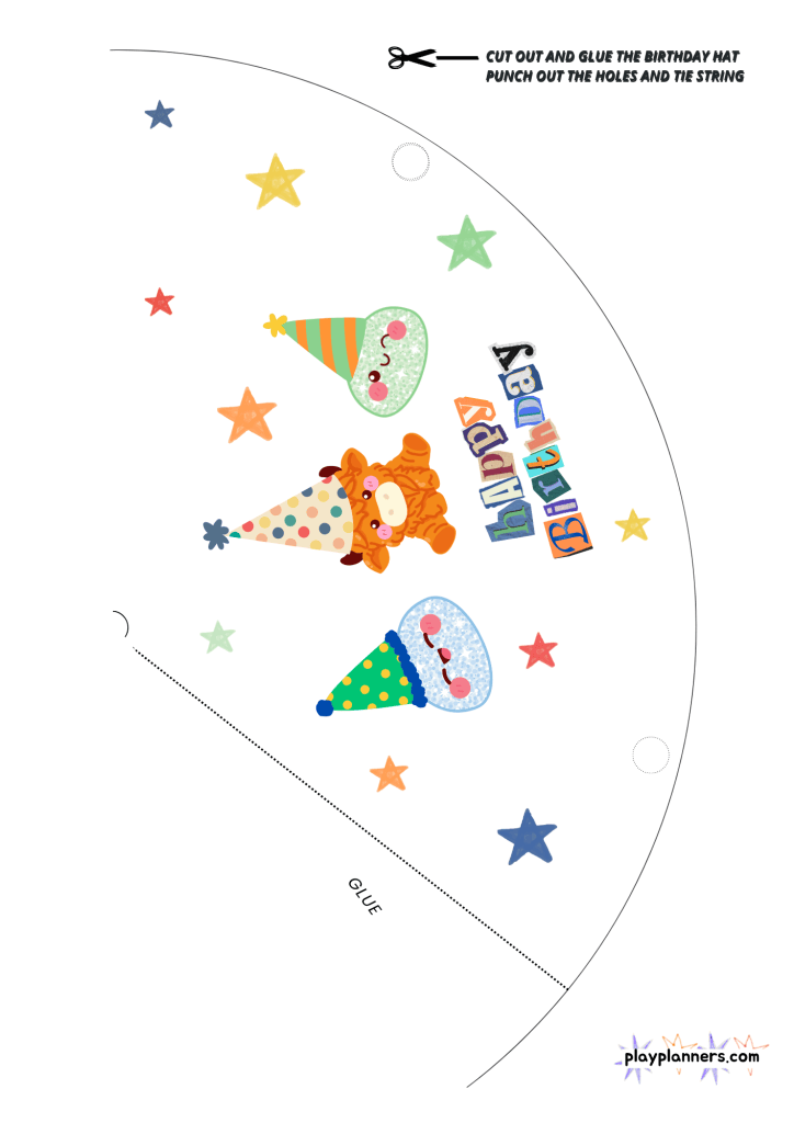 Printable white-background squishy birthday party hats for boys, featuring cute dumpling squishies wearing birthday hats and playful star decorations. These ink-saving birthday hat printables are perfect for a squishy-themed boys' birthday party and can be cut out, folded, and assembled for festive party favors.