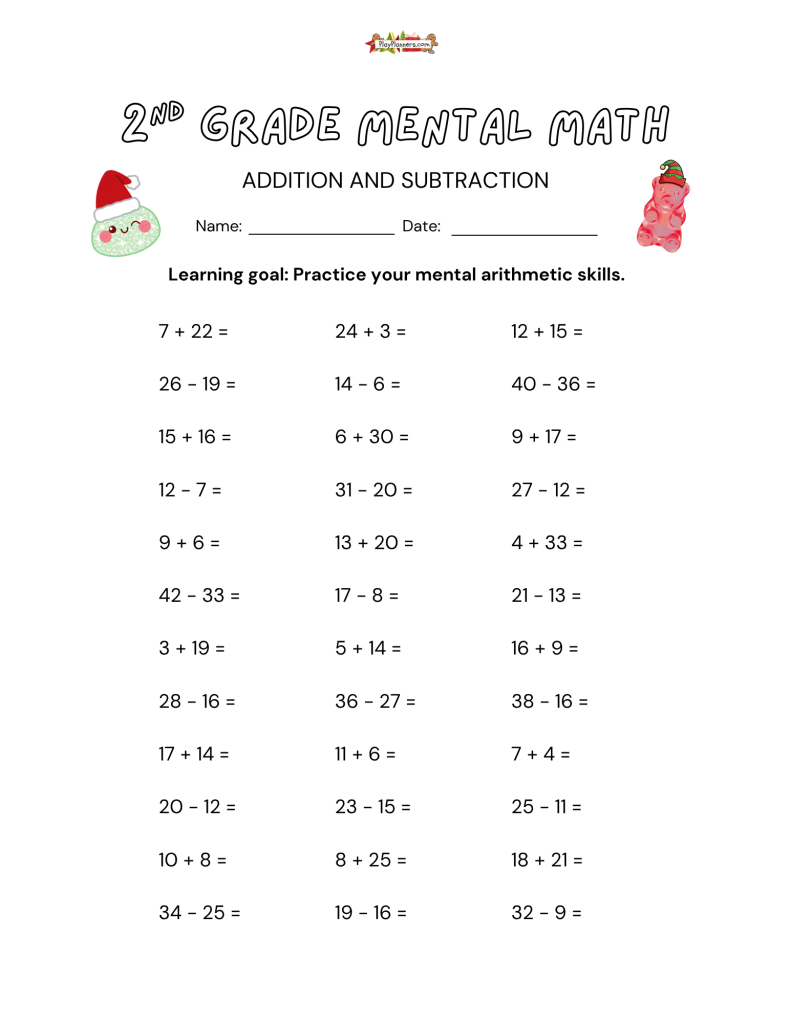 Printable Christmas math practice for second graders featuring addition and subtraction problems mostly within 50.