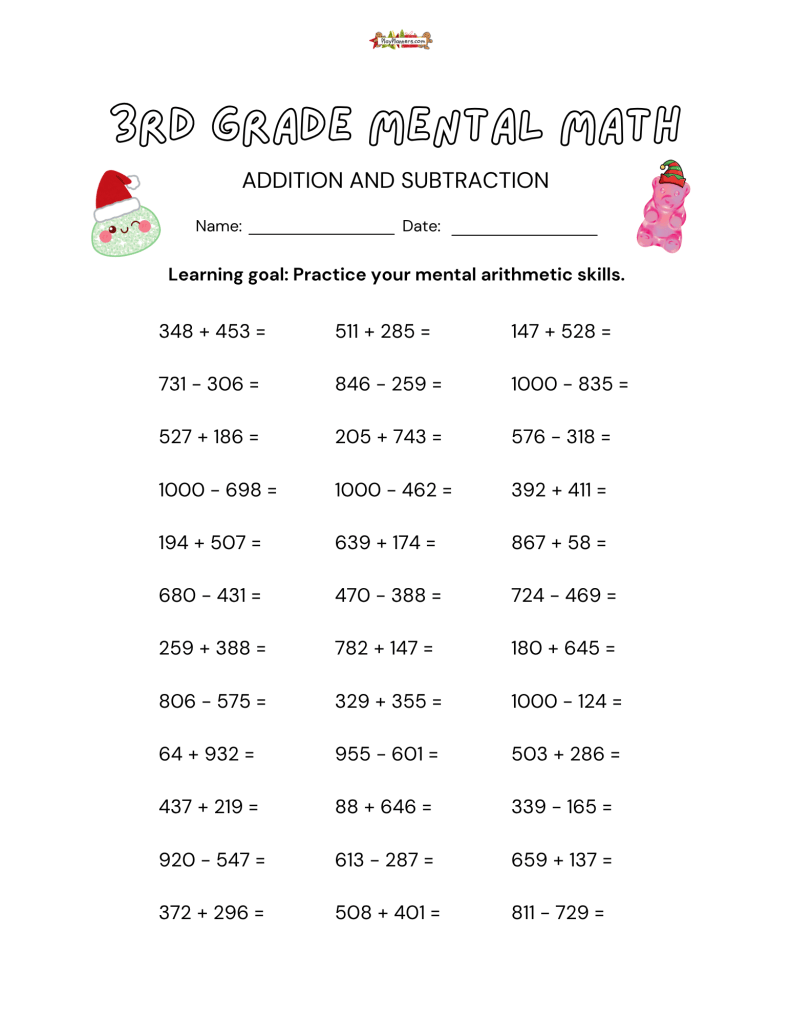 Christmas-themed third grade math worksheet with 36 mental arithmetic problems, including addition and subtraction with regrouping.