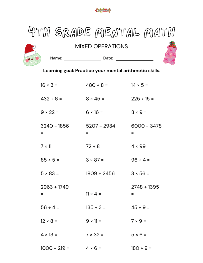 Free printable 4th grade math worksheet with mixed operations, including multiplication, division, addition, and subtraction.
