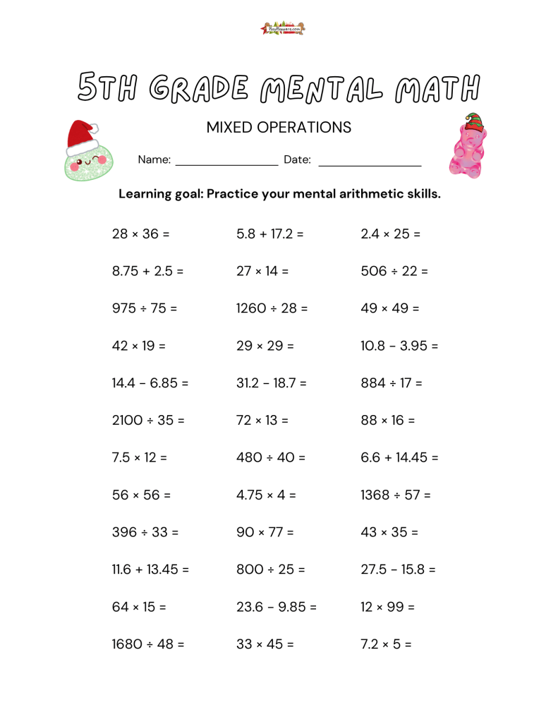 Free fifth grade decimal math worksheet featuring addition and subtraction with decimals to the hundredths place.