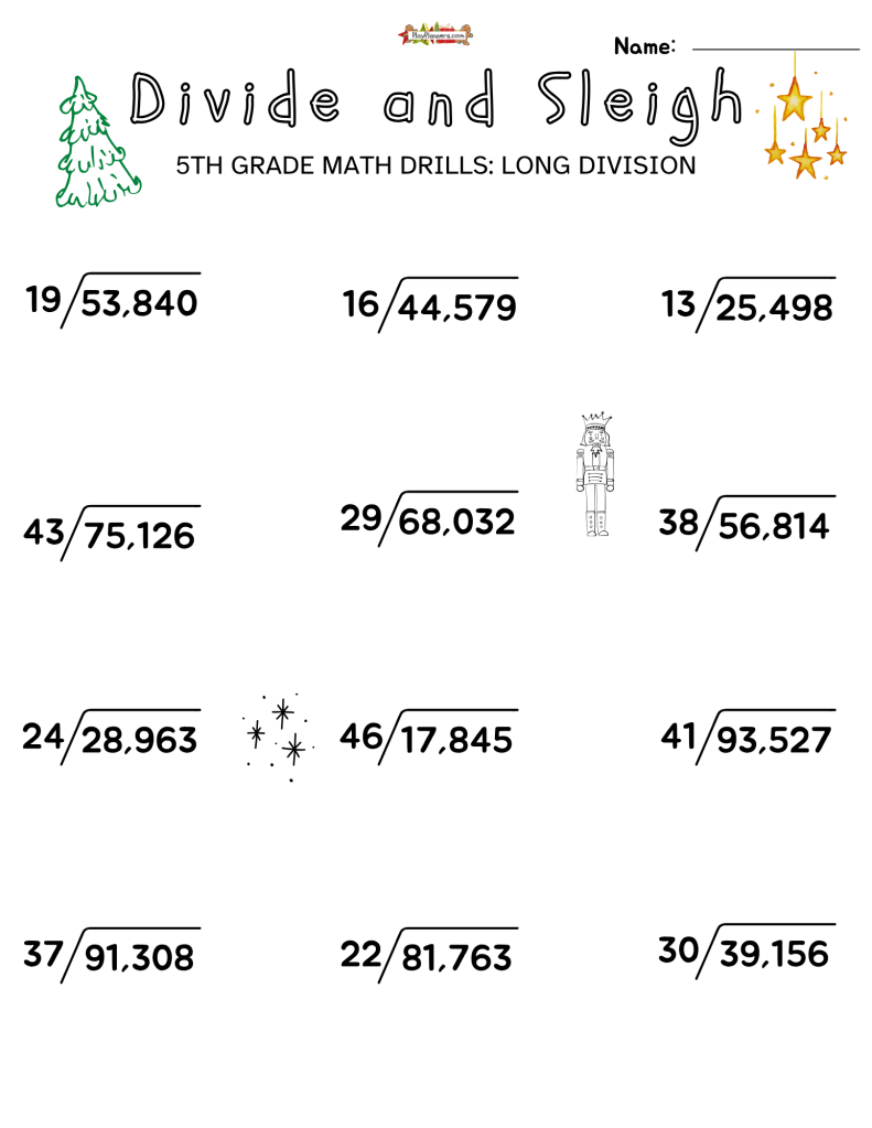 Free printable 5th grade long division practice with 12 problems and Christmas reindeer and sleigh graphics.