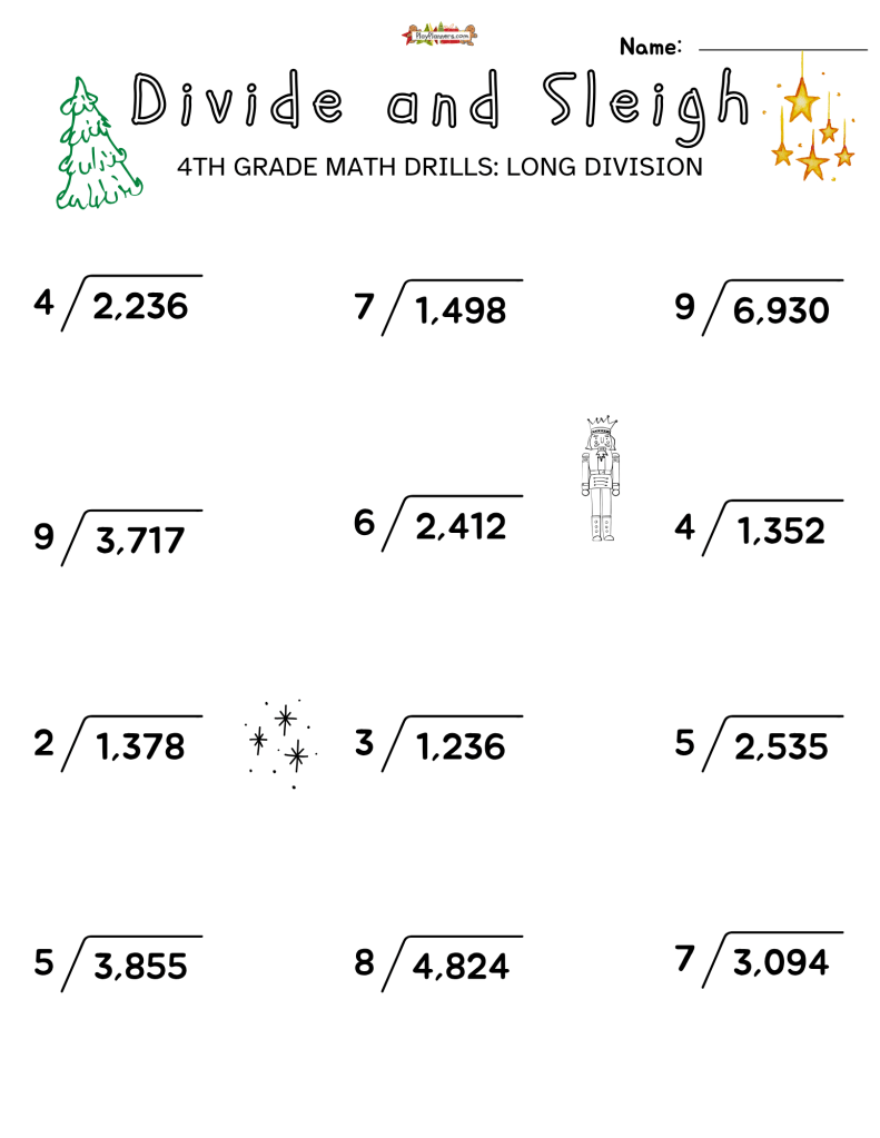 Divide and Sleigh 4th Grade free printable long division worksheets with Christmas graphics and one-digit divisors.