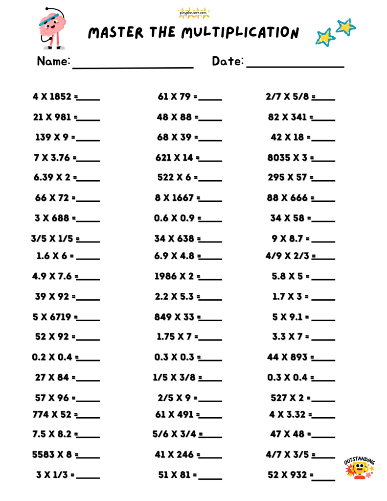 Free 5th grade multiplication worksheet with mixed multiplication problems in a three-column printable layout