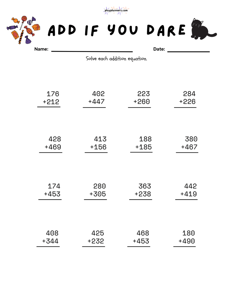 Free 3rd grade Halloween math worksheet featuring vertical addition practice with festive seasonal graphics.