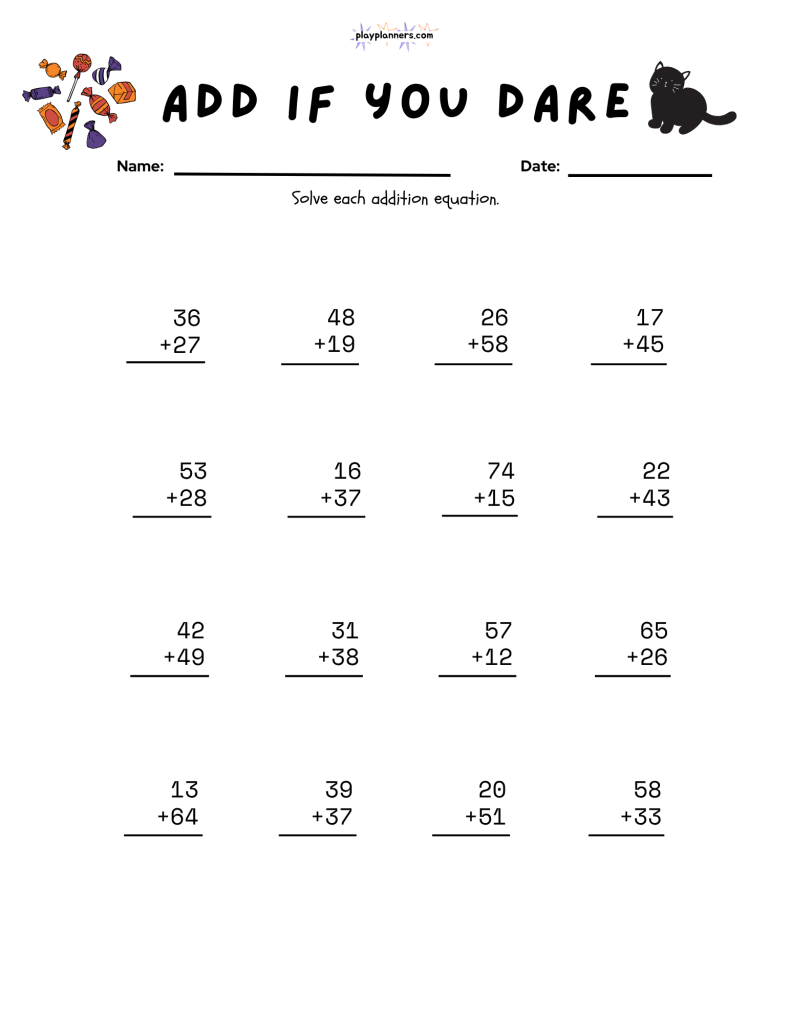 Free printable Halloween addition worksheet with vertical math problems and printer-friendly Halloween illustrations.