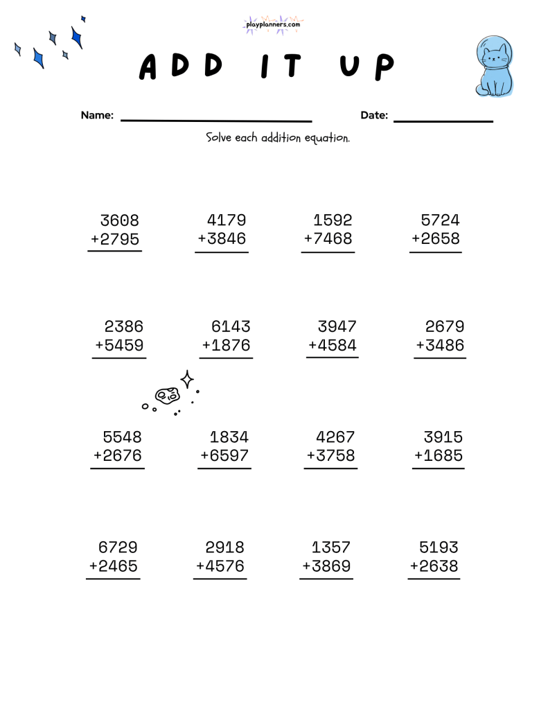 Free printable 4th grade math worksheet for practicing vertical addition with an outer space theme.