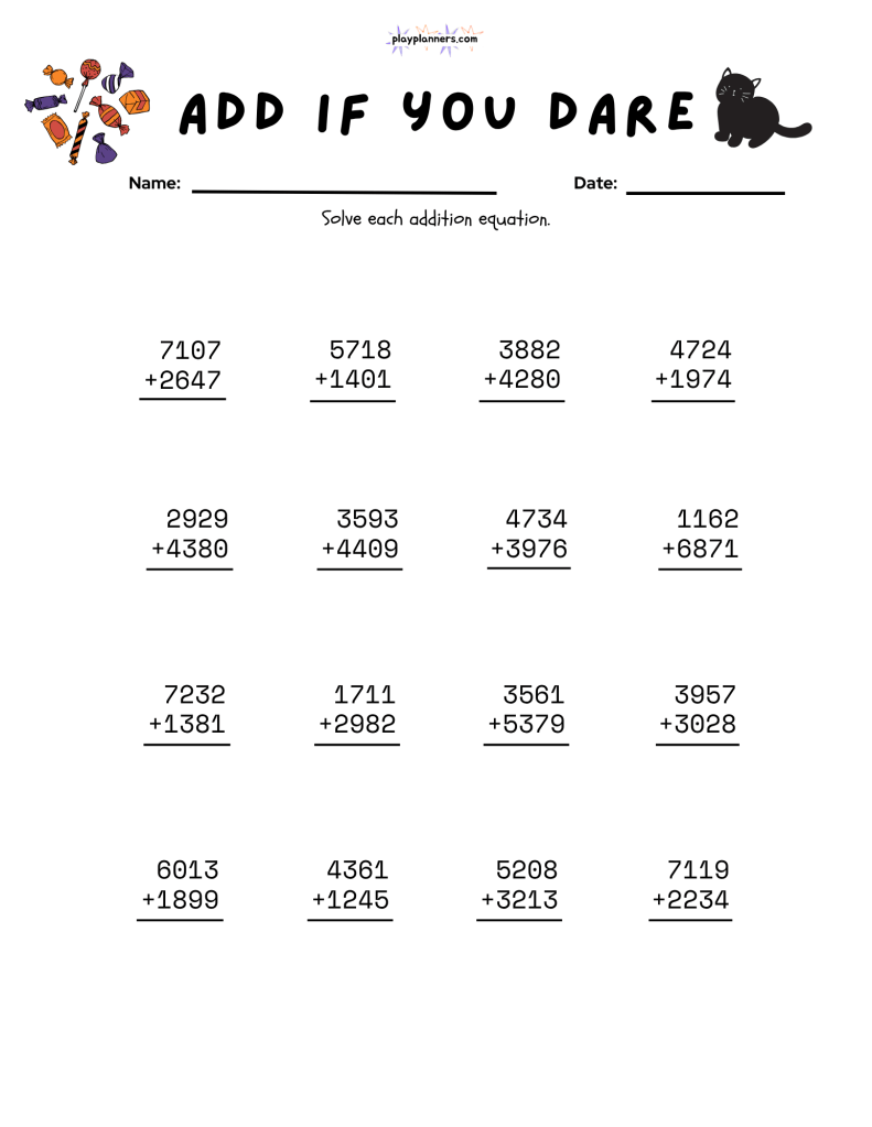 Free printable Halloween addition practice for fourth graders featuring addition problems and spooky-cute illustrations.