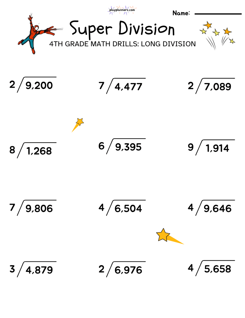 Free printable Super Division worksheet for grade 4 with 12 problems practicing long division with larger numbers.