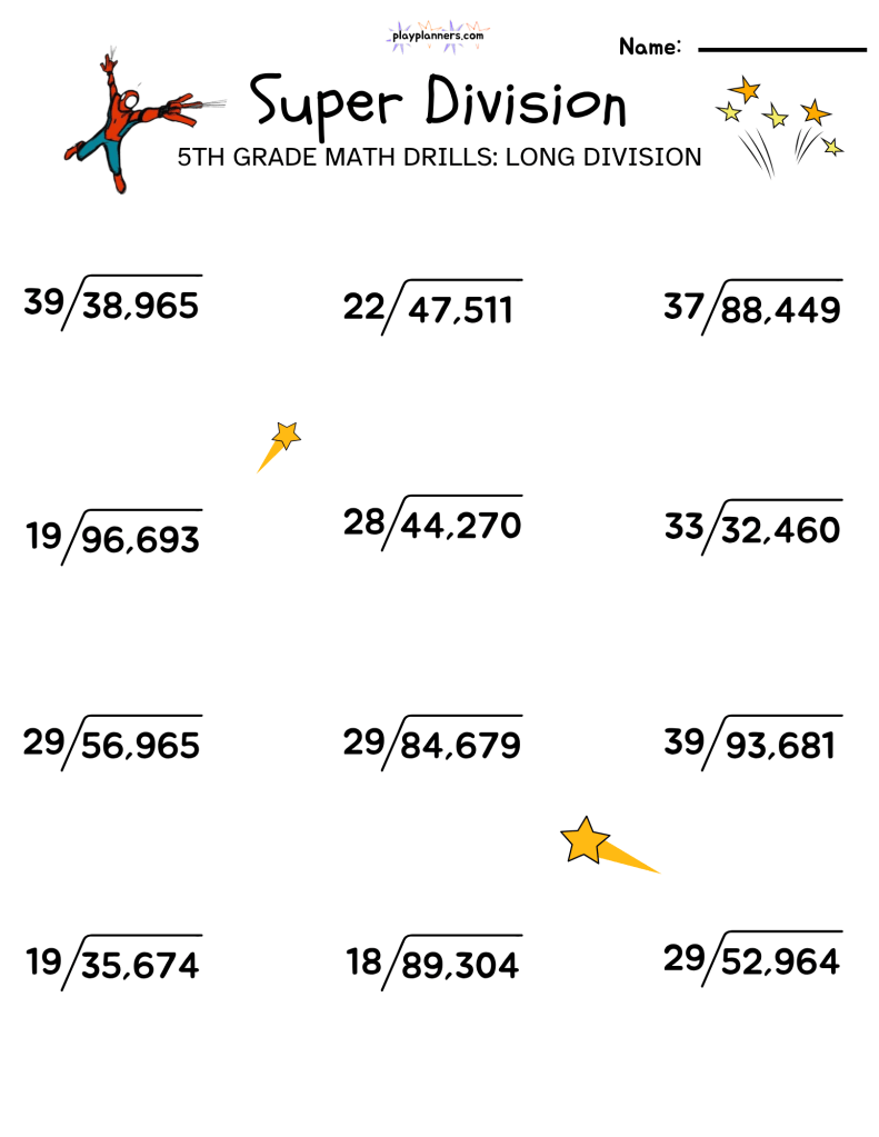 Free printable 5th grade long division practice worksheet with 12 problems for dividing four-digit numbers by one-digit numbers.
