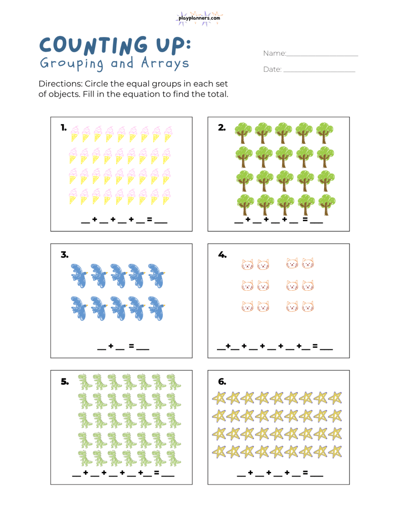 Free dinosaur arrays worksheet for 3rd grade math practice with equal groups, repeated addition equations, and counting the total number of items.