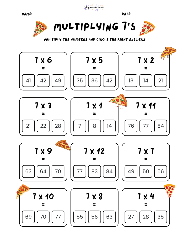 Free 7 times table worksheet with 12 multiple-choice multiplication problems for extra math practice.
