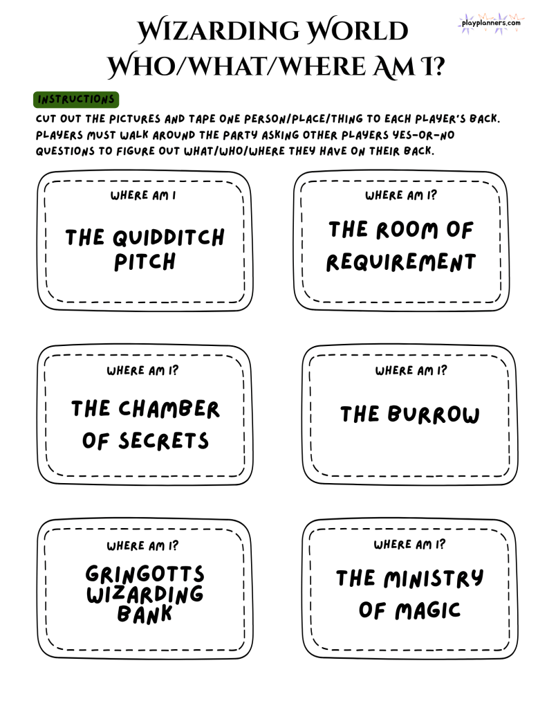Harry Potter Who What Where birthday party game printable with character and magical item tags for kids to wear on their backs and guess.