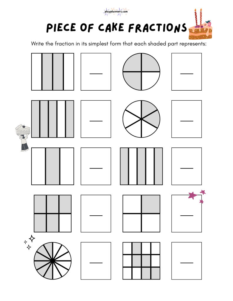 Free identifying fractions worksheet showing shapes divided into equal parts, with shaded sections for students to count and label.