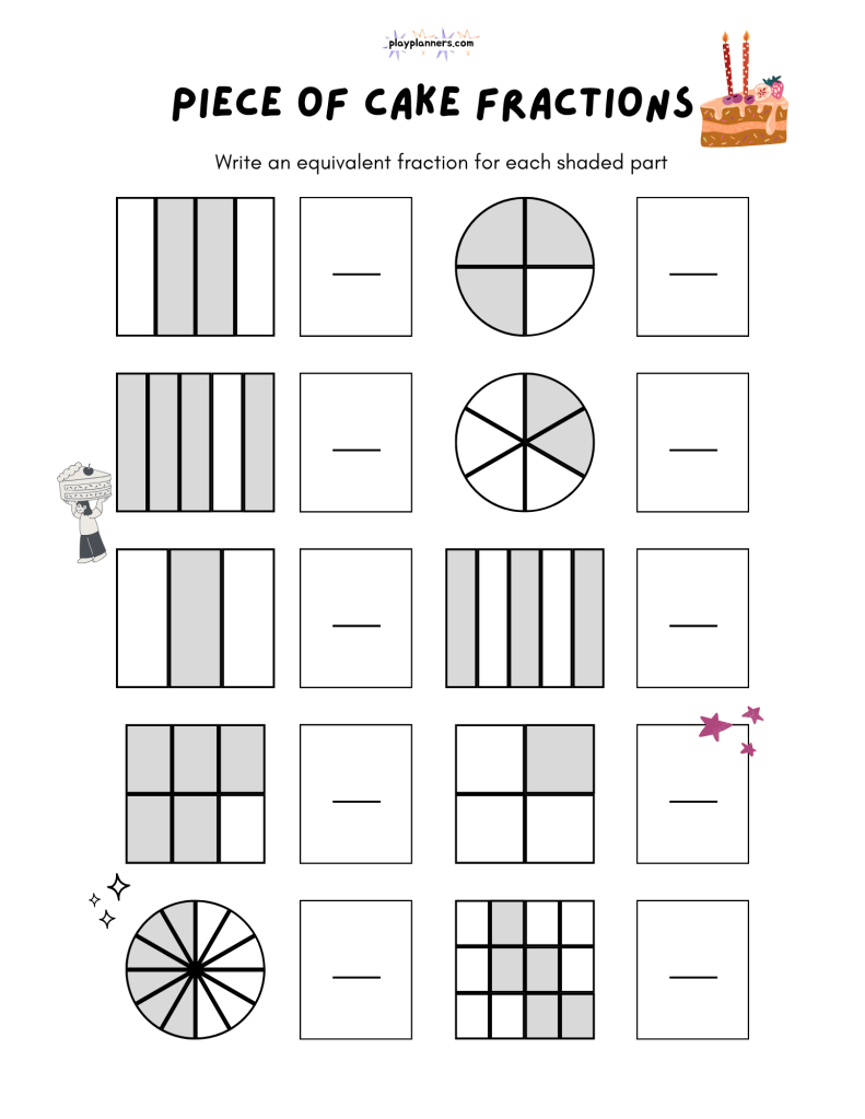 Free equivalent fraction practice worksheet for fourth graders with shaded shapes and spaces to write answers.