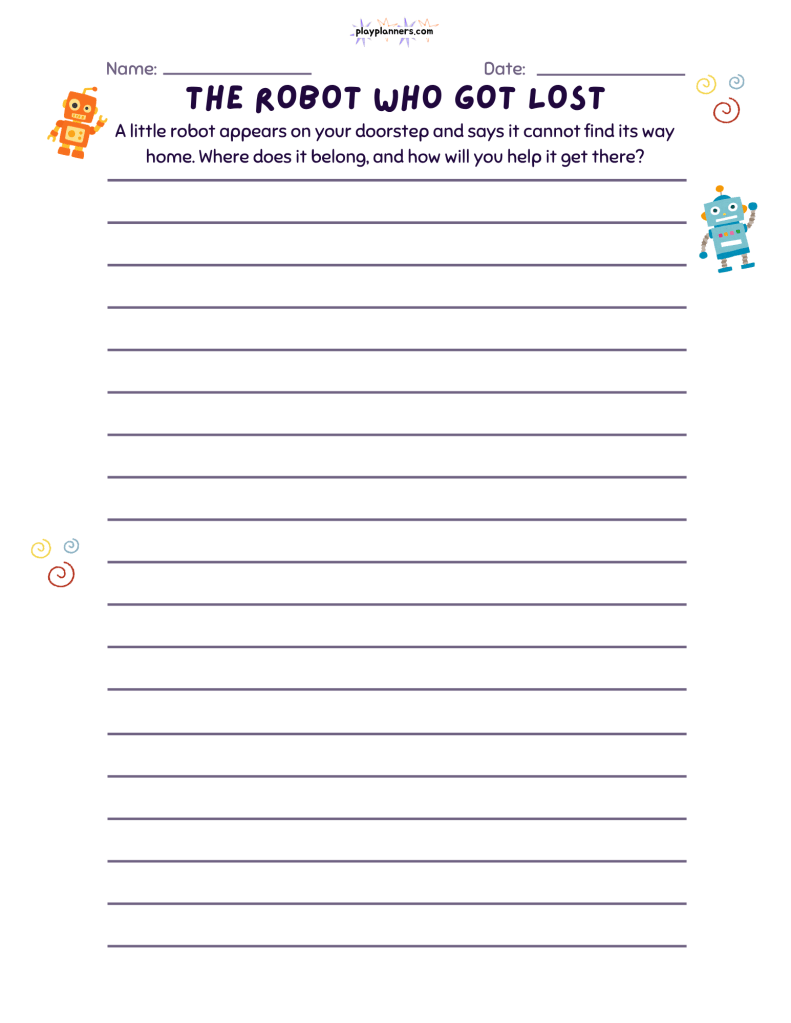 The Robot Who Got Lost: Fourth grade creative writing worksheet featuring a robot-themed illustration and a prompt about helping a lost robot find its way home, with 18 writing lines.
