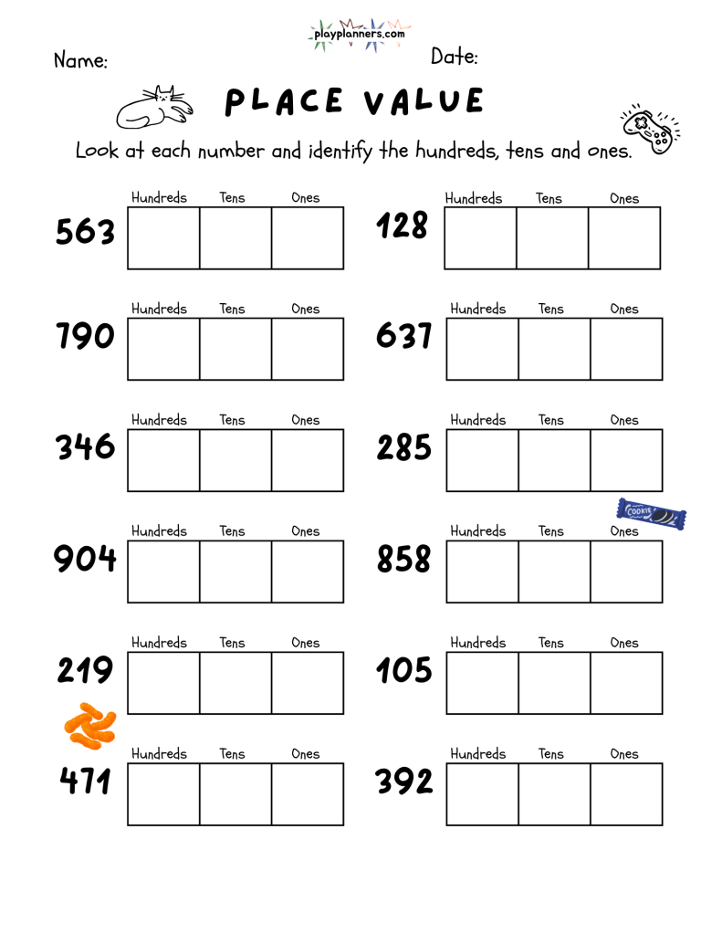 Free printable place value math worksheet with three-digit numbers and small cat doodles for third grade practice.