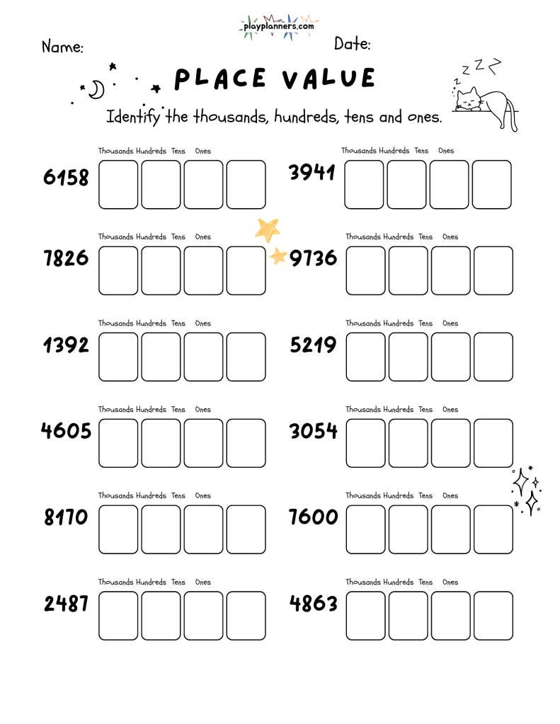 Fourth grade math worksheet for identifying the thousands, hundreds, tens, and ones in 12 four-digit numbers.