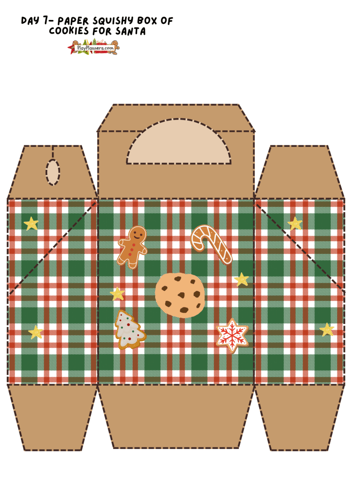 Box of cookies for Santa paper squishy printable, a Christmas Eve themed DIY paper craft for kids.