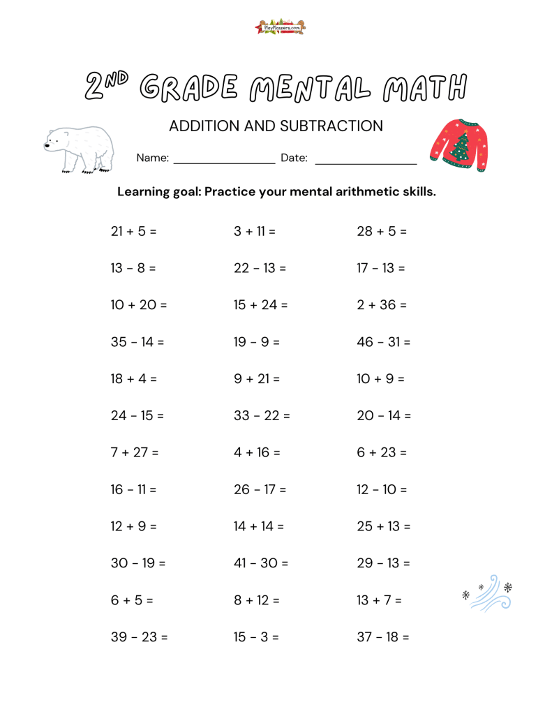 Second grade mental math practice worksheet with 36 addition and subtraction questions and a festive holiday design.