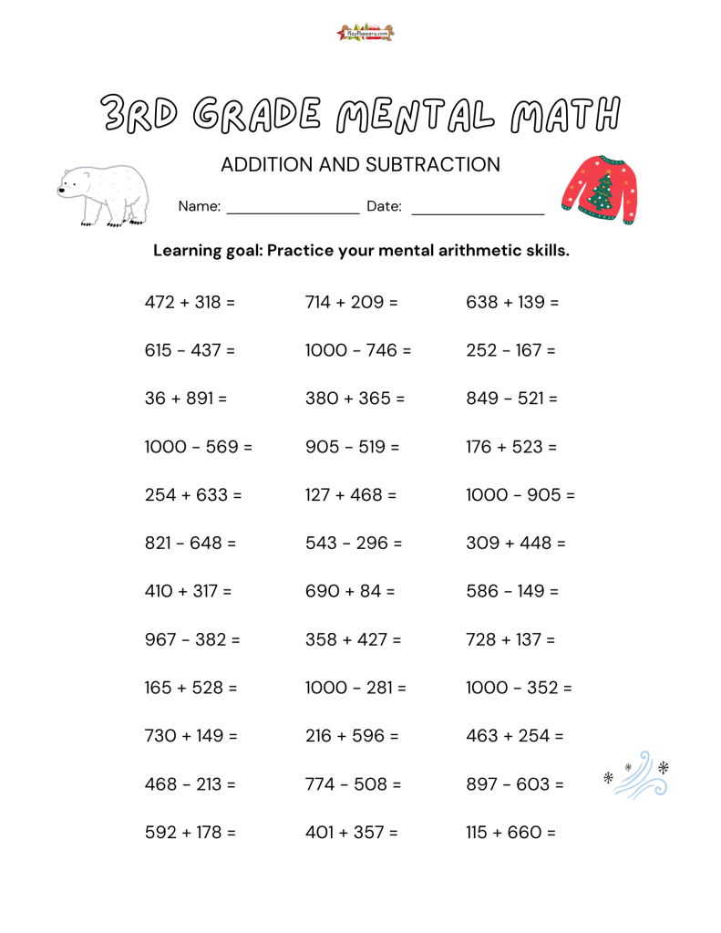 Third grade Christmas math printable with three-digit addition and subtraction problems, a festive gift, and holiday decorations.