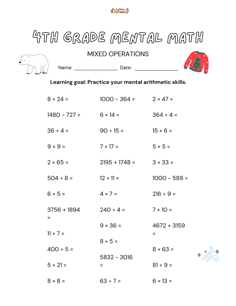Christmas mental math worksheet for fourth graders practicing multiplication, division, and multi-digit addition and subtraction.